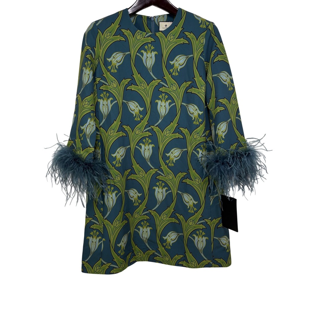 Tuckernuck Deco Floral Mod Feather Trim Shift Dress Large Art Nouveau Mini Dress